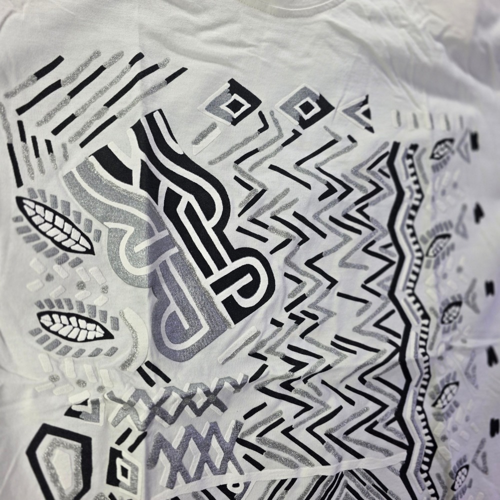 Cristina MAXX White Graphic T-Shirt Handcrafted Silver Glitter USA Made Small - Picture 5 of 13